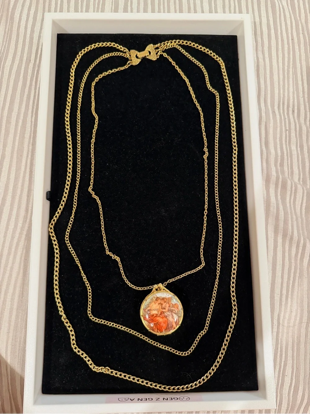 Vintage Layered Gold-Tone Necklace with Orange Cameo Locket